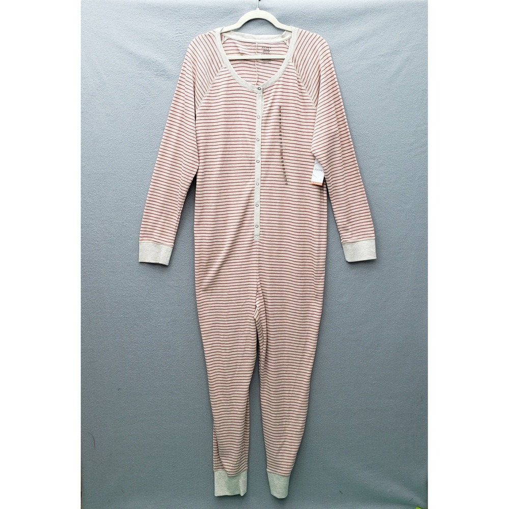 Jockey Waffle Union Suit Cream Red Stripe Pajama Cabincore Holiday Lounge 1X NWT